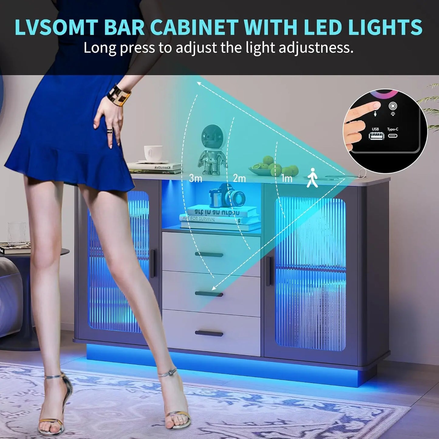 Modern Coffee Station with Motion Sensor, Home Coffee Nook Table for Dining Room, Kitchen Buffer Sideboard with Storage Cabinet