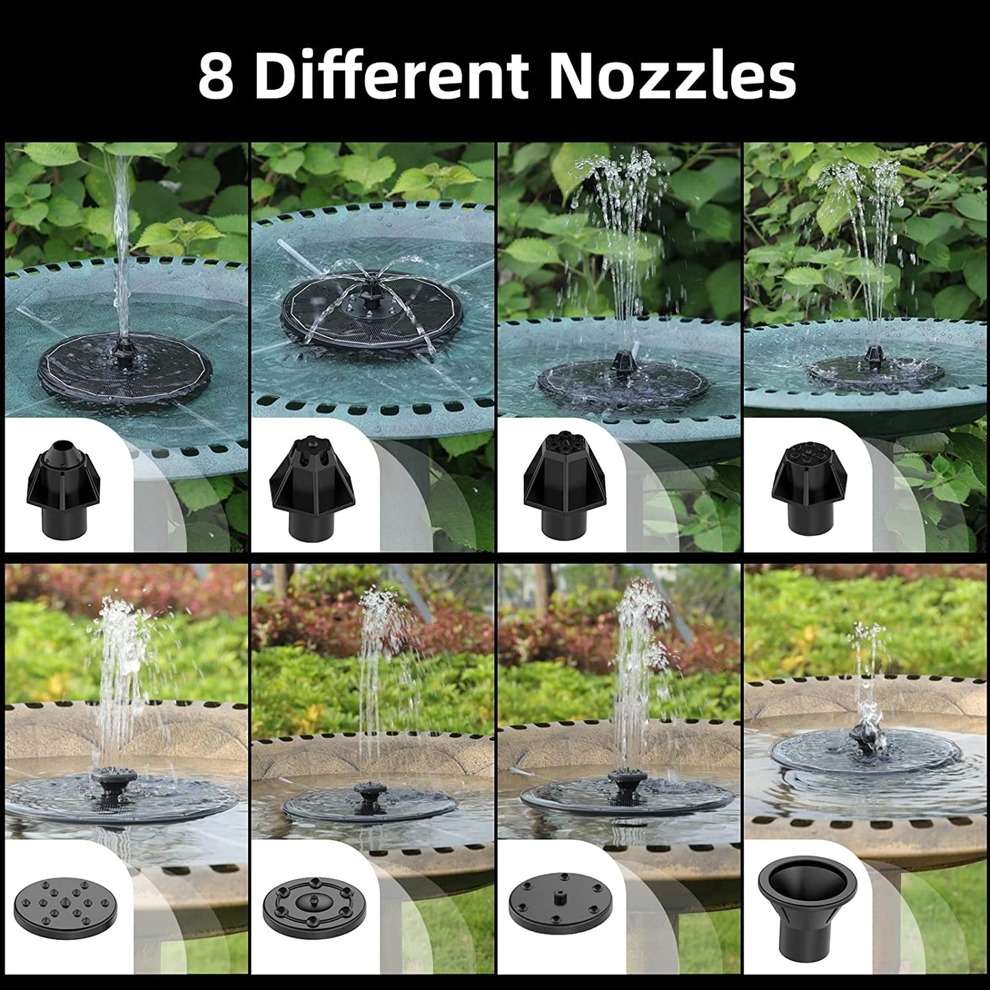 (1 option)Solar Fountain Water Pump with color LED Lights for Bird Bath 3W with 7 Nozzles & 4 Fixers Floating Garden Pond Tank