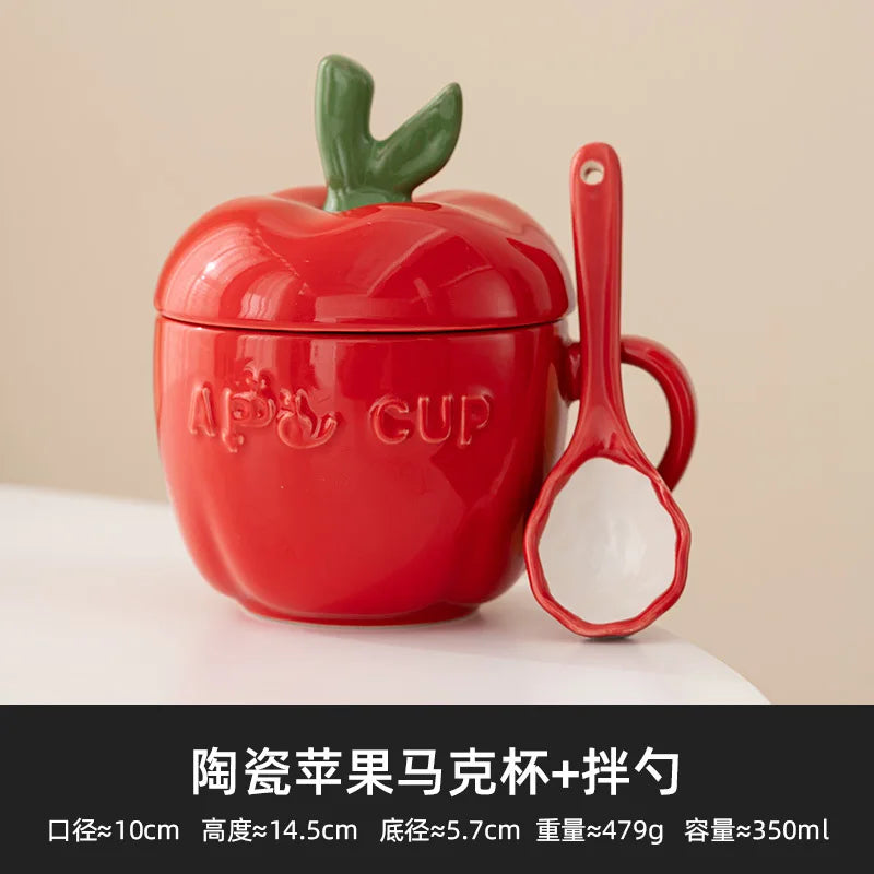 Ceramic Mug Cartoon Apple Fruit Shape Cover Band Tomato Coffee Cup Children's Breakfast Milk Mug Festivals Birthday Present