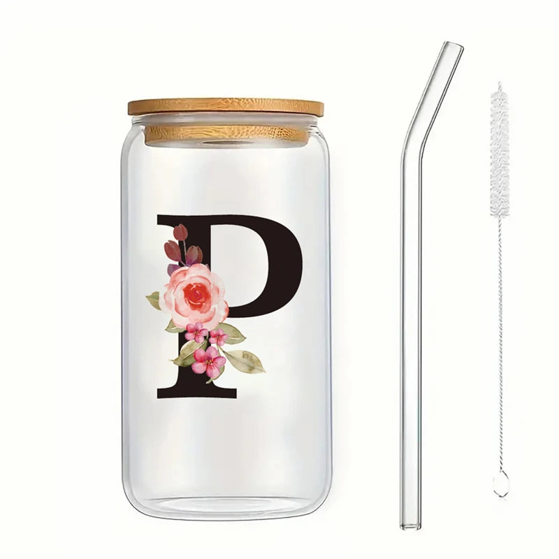 Alphabet Flowers Drinking Glass Letter A-Z Iced Coffee Water Juice Bottle Portable Clear Cup with Lid Straw Brush Birthday Gifts