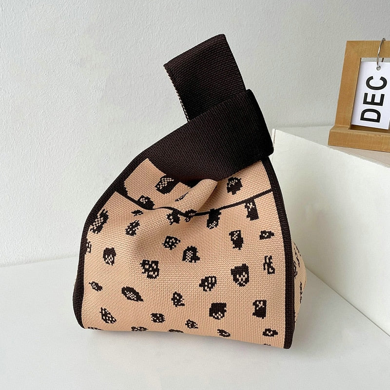 Knit Handbag Women Wrist Bag Korean Casual Wide Stripe Plaid Tote Bag Foldable Eco Shopping Bag Reusable Grocery Storage Bag
