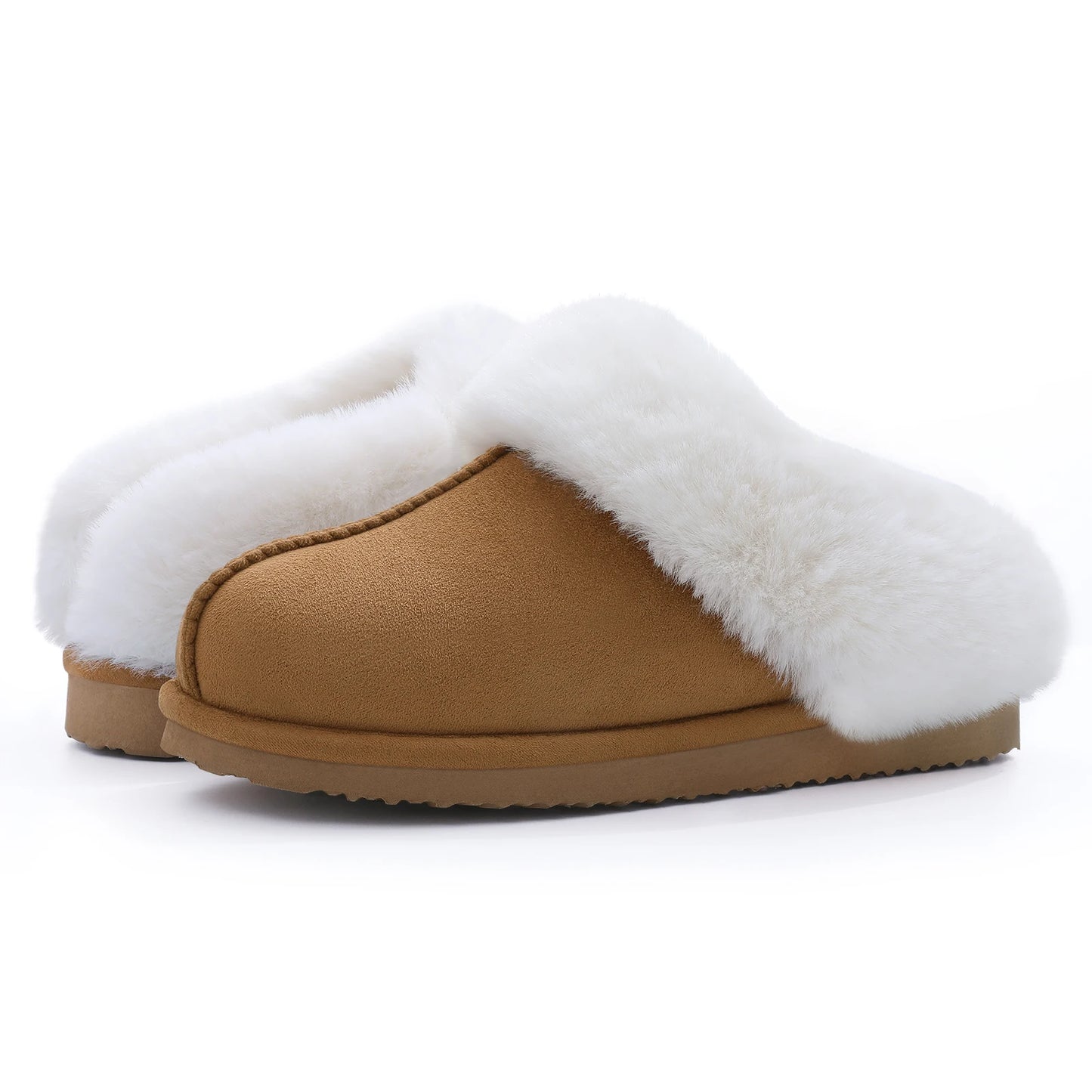 Comwarm Fashion Suede Fur Slippers For Women Winter Fluffy Faux Fur Collar Plush Home Slippers Indoor Outdoor Furry Cotton Slide