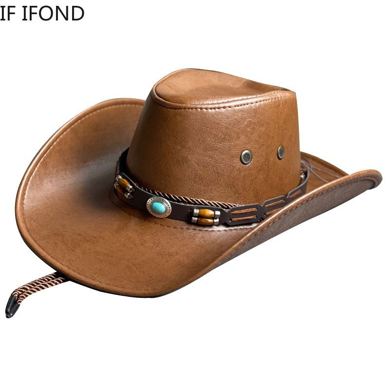 New Faux Leather Western Cowboy Hats For Women Men Vintage Gentleman Dress Hats Panama Cowgirl Jazz Cap Sombrero Hombre