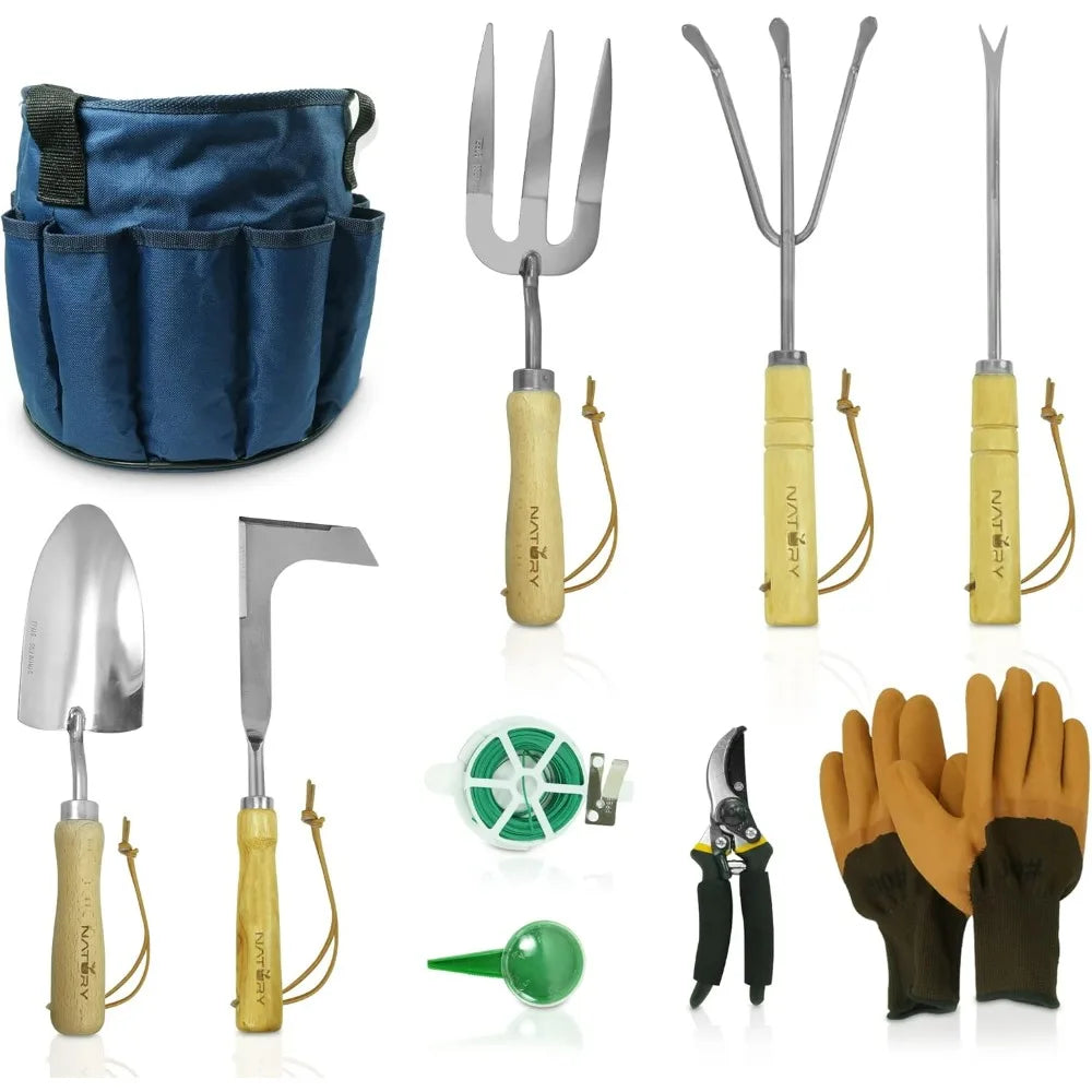 Garden Tools Set – Premium Stainless Steel Gardening Hand Tools with Solid Beechwood Handle – Gardening Kit with Rake, Shovel