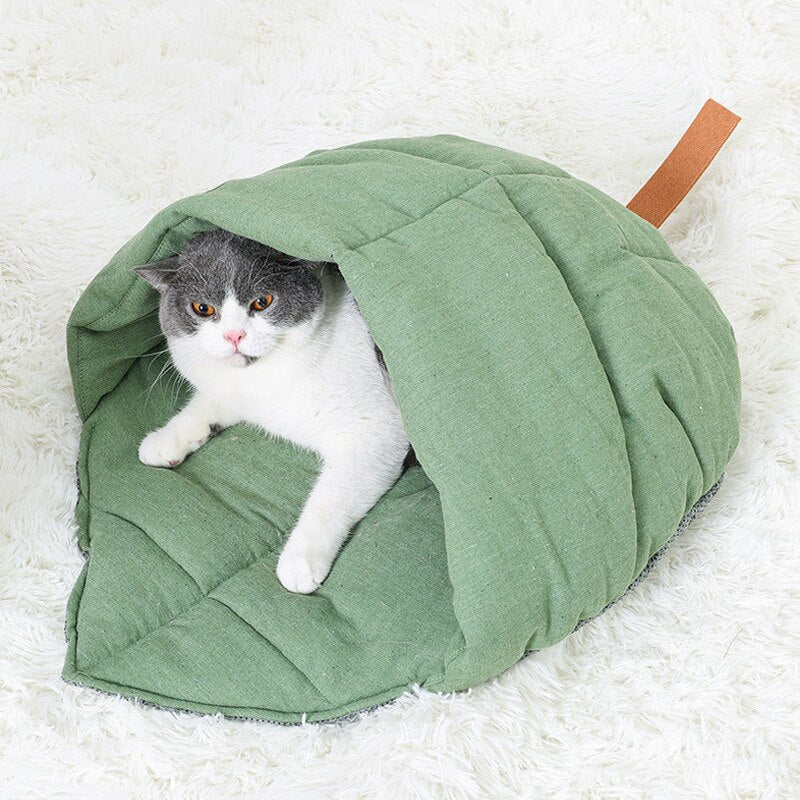 Cat Sleeping Bag, Linen Fabric Cat Bed Cave Leaf Nest, Soft Pet Bed with Non-Slip Bottom for Indoor Puppy and Kitten