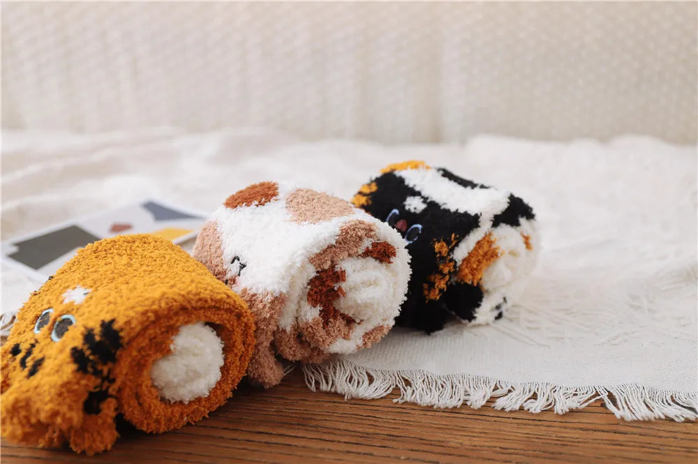 5 Pairs New Three-dimensional Ear Embroidery Cat Claw Coral Fleece Socks Cartoon Cat Confinement Warm Women Sleeping Socks