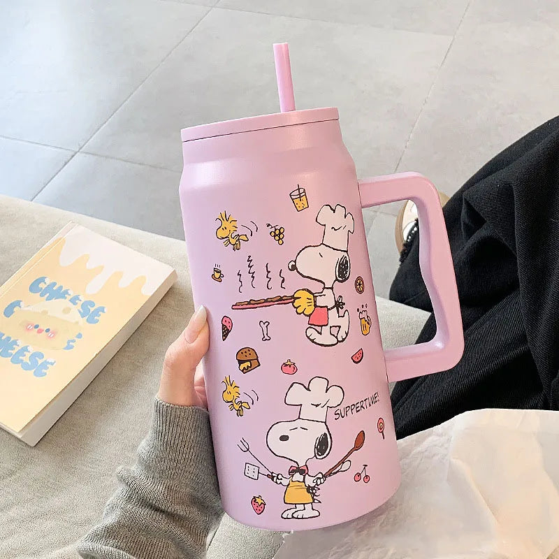 MINISO Snoopy Insulated Cup Large Capacity Straw Water Cup Black Portable Stainless Steel Cup Children'S Travel Cup