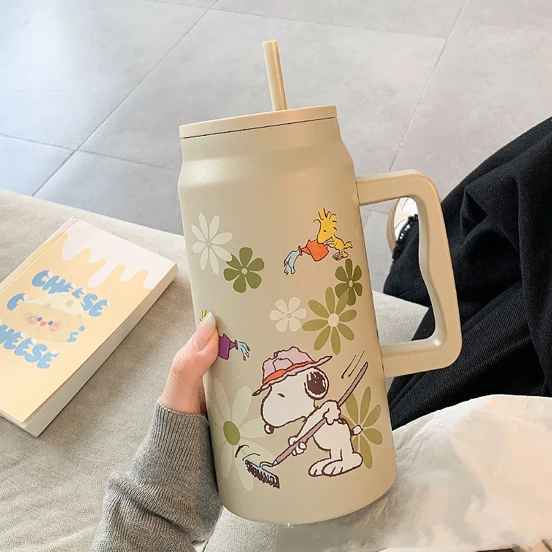MINISO Snoopy Insulated Cup Large Capacity Straw Water Cup Black Portable Stainless Steel Cup Children'S Travel Cup