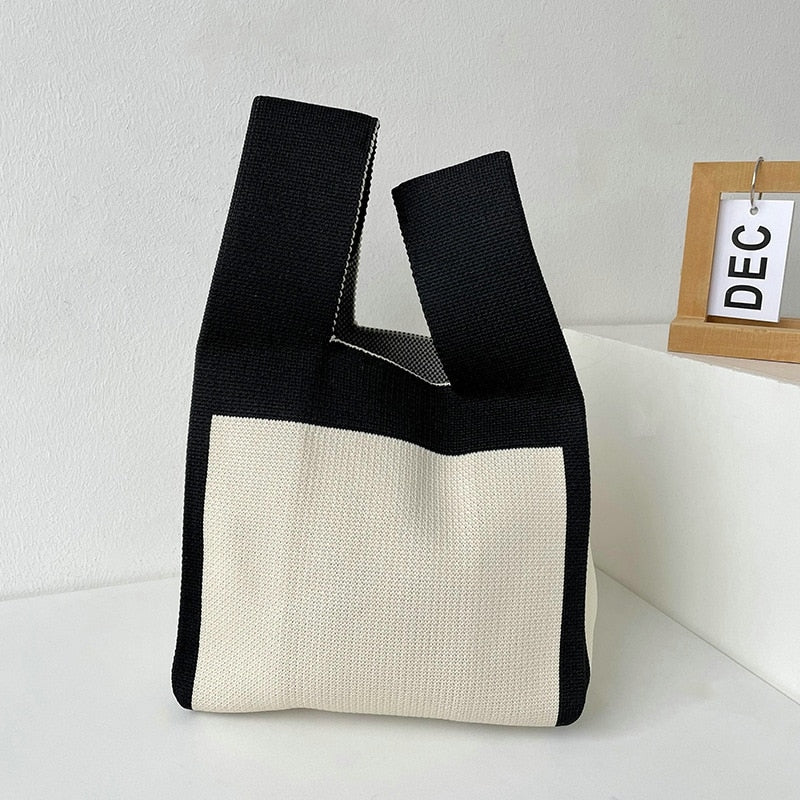 Knit Handbag Women Wrist Bag Korean Casual Wide Stripe Plaid Tote Bag Foldable Eco Shopping Bag Reusable Grocery Storage Bag