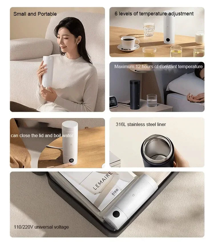 Xiaomi Mijia Portable Electric Heating Cup 2 Temperature LED Thermos 316 Stainless Steel Boiling Cup Kettle For Travel Coffee