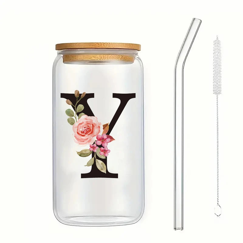 Alphabet Flowers Drinking Glass Letter A-Z Iced Coffee Water Juice Bottle Portable Clear Cup with Lid Straw Brush Birthday Gifts
