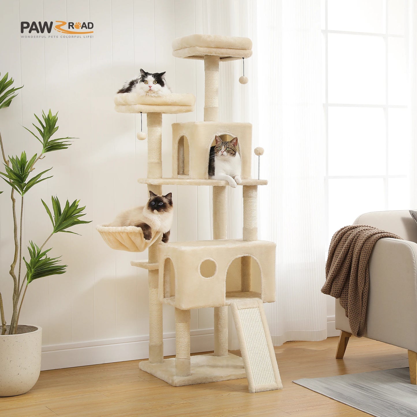 Free Shipping Multi-Level Cat Tree For Cats With Cozy Perches Stable Cat Climbing Frame Cat Scratch Board Toys Gray&Beige