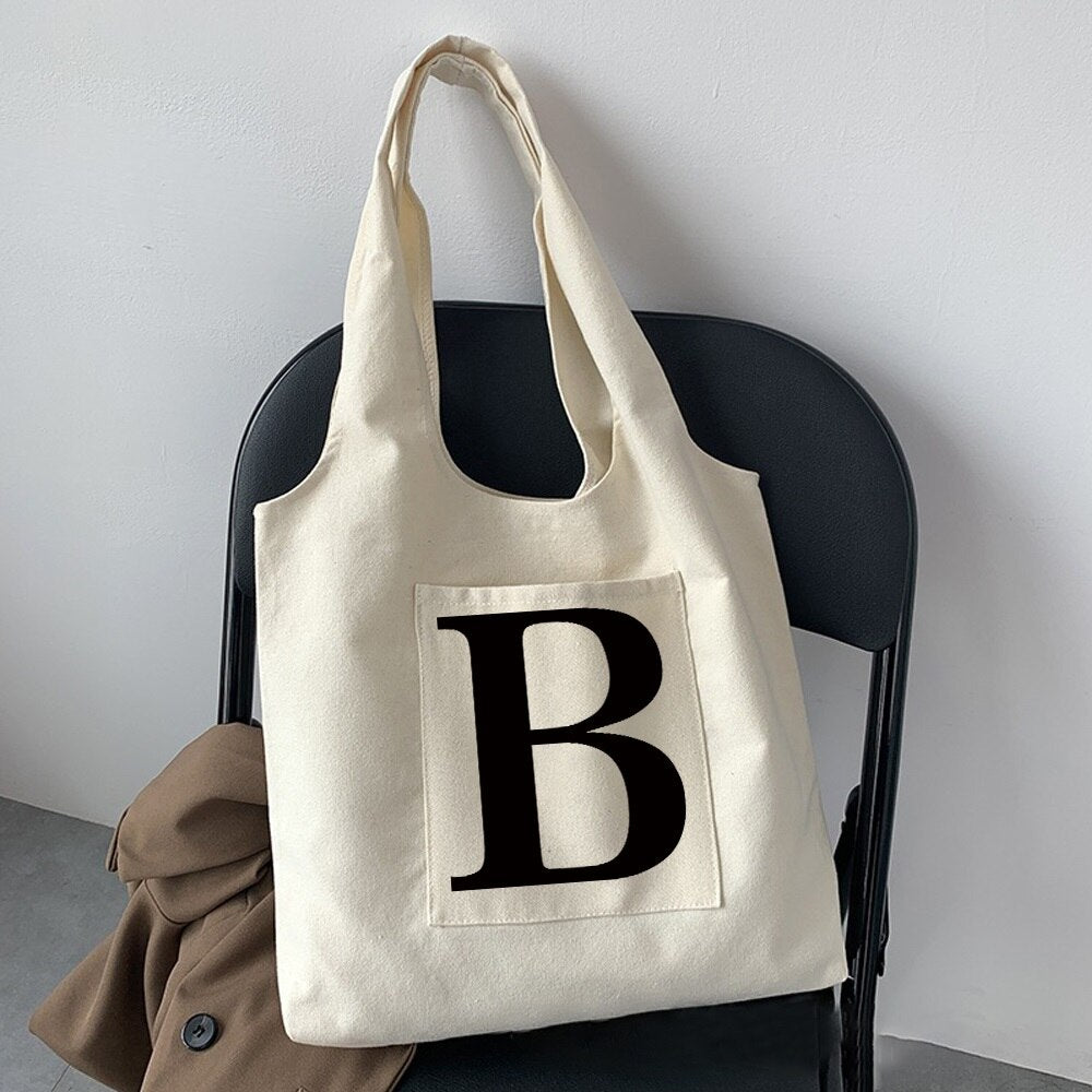 Women Fashion Shopping Bag Street Casual Hobo Commuter Bag Initial Name Graphic Print Beige Ladies Tote Bag Canvas Repeatable