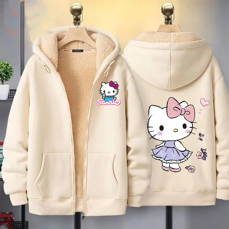 Hello Kitty Women Zip Up Hoodies Winter Fleece Hooded Sweatshirt Cute Cartoon Pullover Female Outerwear Sport Coat Streetwear