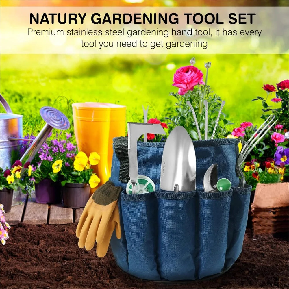 Garden Tools Set – Premium Stainless Steel Gardening Hand Tools with Solid Beechwood Handle – Gardening Kit with Rake, Shovel