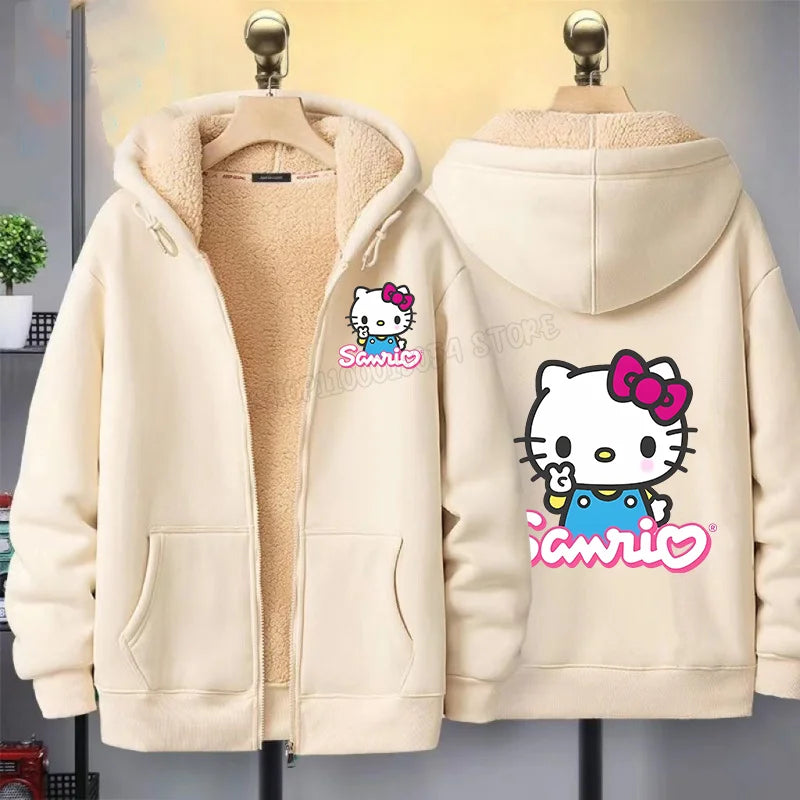 Hello Kitty Women Zip Up Hoodies Winter Fleece Hooded Sweatshirt Cute Cartoon Pullover Female Outerwear Sport Coat Streetwear