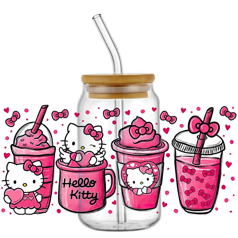 Miniso Cartoon cute cat For Libbey 16oz Can Glass 3D Waterproof UV DTF Coffee Can Wrap Libbey Glass Wrap