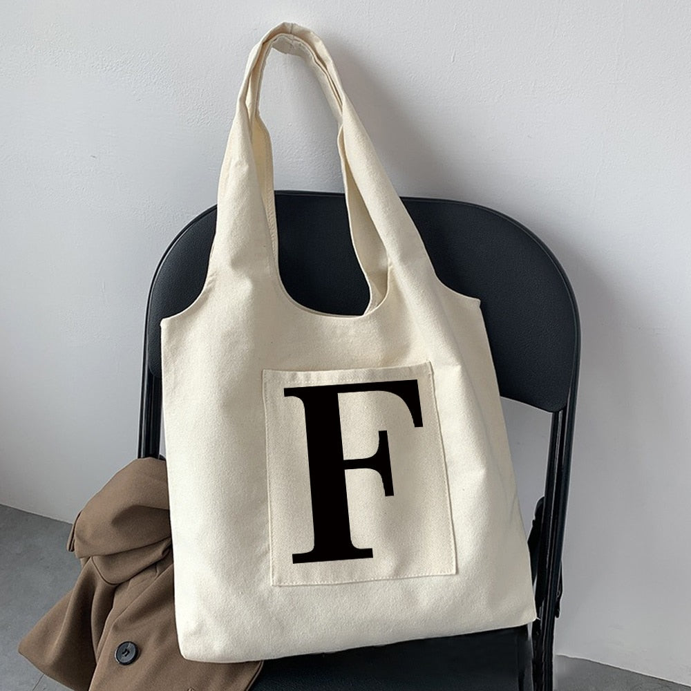 Women Fashion Shopping Bag Street Casual Hobo Commuter Bag Initial Name Graphic Print Beige Ladies Tote Bag Canvas Repeatable