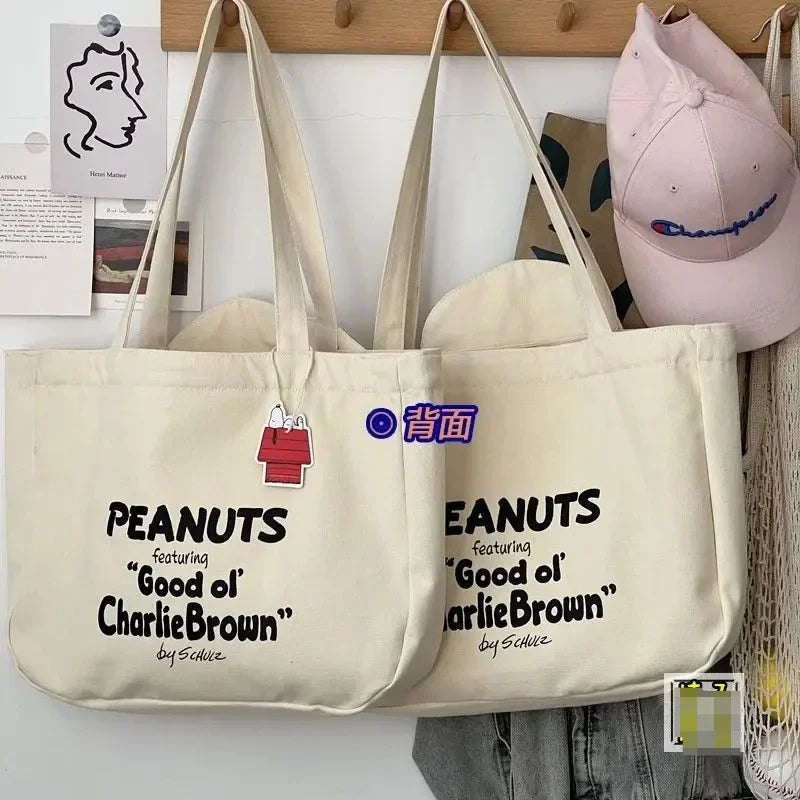 Miniso Snoopy anime kawaii y2k canvas bag shoulder cartoon cute zipper large capacity female student tutoring bag birthday gift