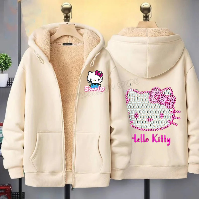 Hello Kitty Women Zip Up Hoodies Winter Fleece Hooded Sweatshirt Cute Cartoon Pullover Female Outerwear Sport Coat Streetwear