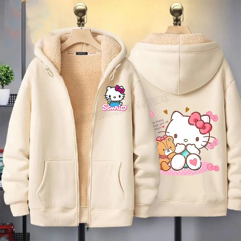 Hello Kitty Women Zip Up Hoodies Winter Fleece Hooded Sweatshirt Cute Cartoon Pullover Female Outerwear Sport Coat Streetwear