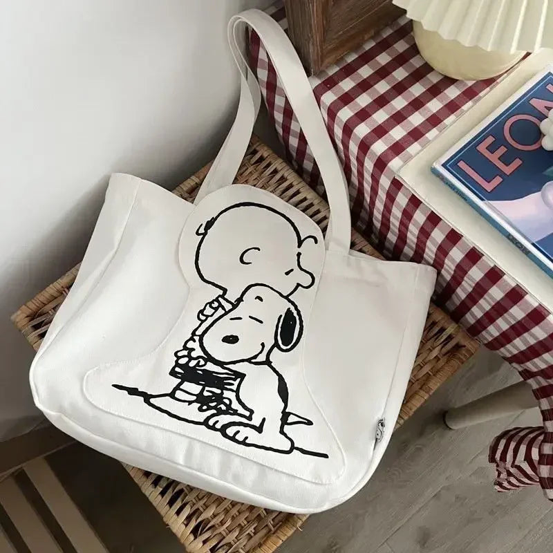 Miniso Snoopy anime kawaii y2k canvas bag shoulder cartoon cute zipper large capacity female student tutoring bag birthday gift