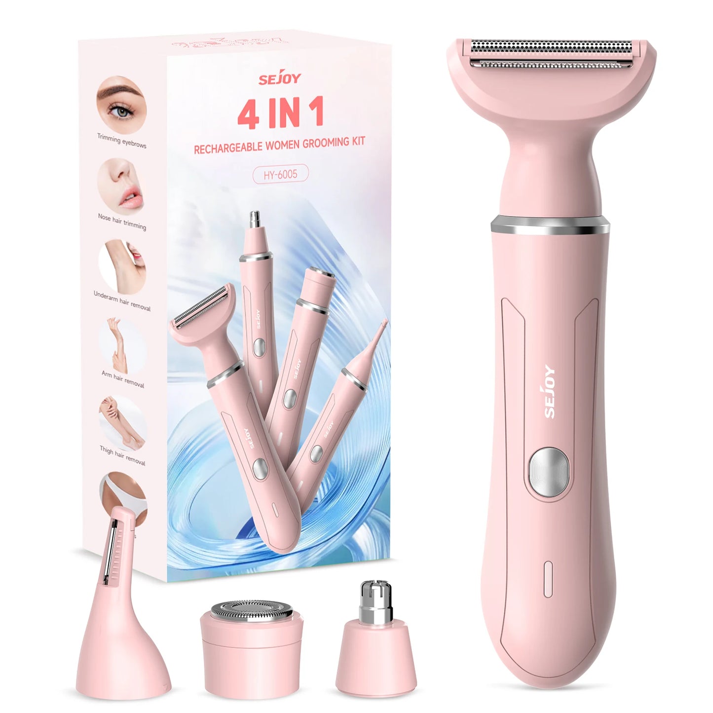 Sejoy 4 In 1 Electric Lady Shaver Portable, Body Hair Removal Epilator, Painless Cordless Trimmer Razor for Women