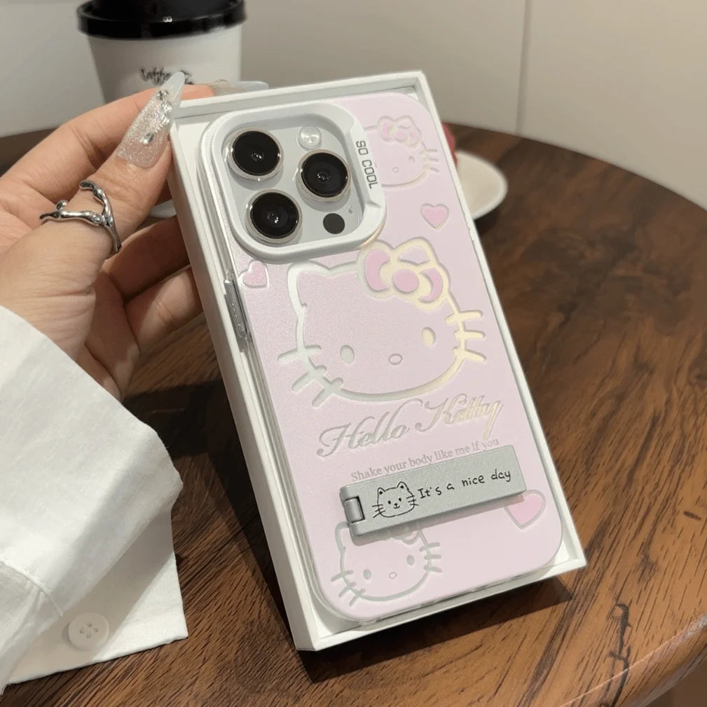 Luxury Pink Hello Kitty With Bracket Phone Case For iPhone 16 15 14 13 12 11 ProMax XR XS 7 8 Plus Soft Anti Drop Silicone Cover