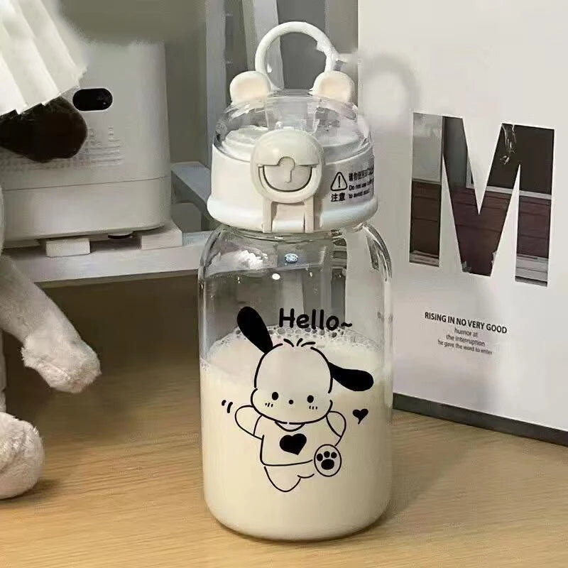 600ML Sanrio Hello Kitty Pochacco Transparent Straw Cup Anime Cartoon Kuromi Cinnamoroll For Kid Kawaii Bottle Water Cup Gifts