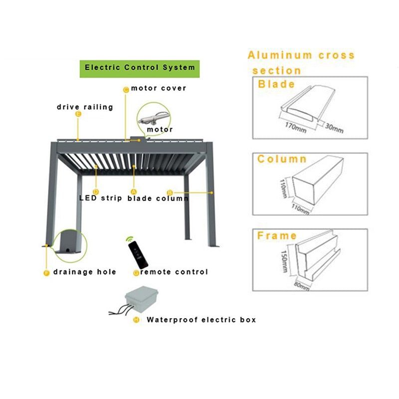 Custom Electric ALUMINIUM LOUVERED Outdoor Waterproof PERGOLA For Home Garden With LED Light Automatic Front Door Pergola