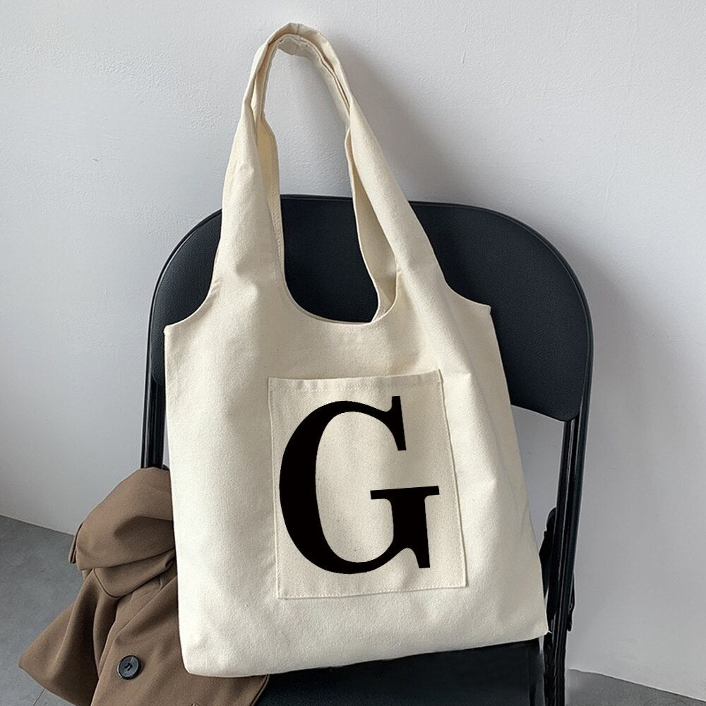 Women Fashion Shopping Bag Street Casual Hobo Commuter Bag Initial Name Graphic Print Beige Ladies Tote Bag Canvas Repeatable