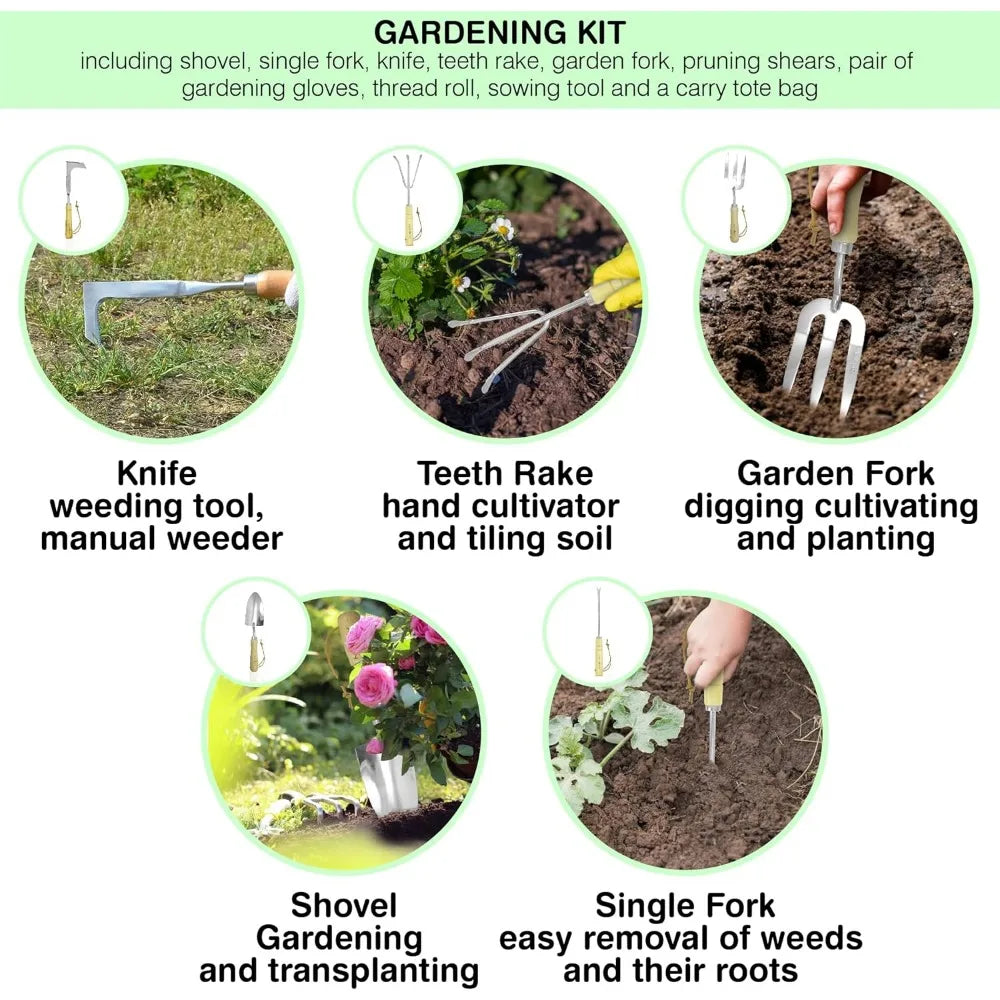 Garden Tools Set – Premium Stainless Steel Gardening Hand Tools with Solid Beechwood Handle – Gardening Kit with Rake, Shovel