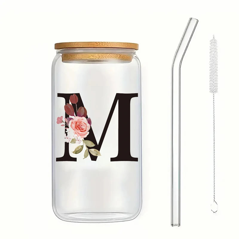 Alphabet Flowers Drinking Glass Letter A-Z Iced Coffee Water Juice Bottle Portable Clear Cup with Lid Straw Brush Birthday Gifts