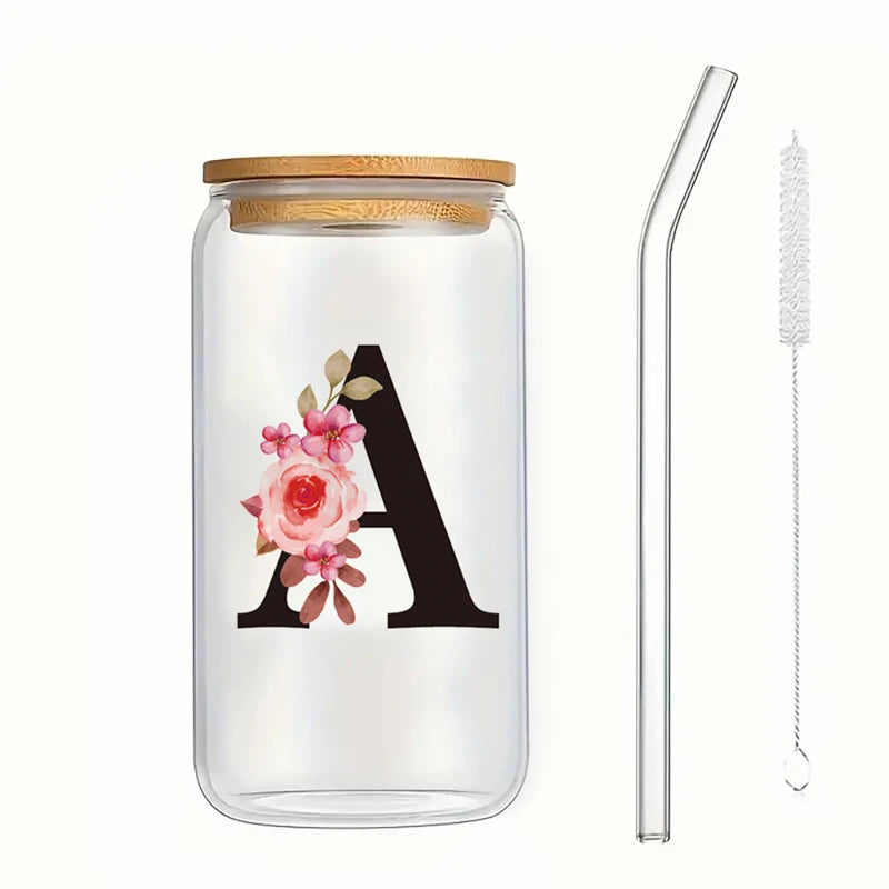 Alphabet Flowers Drinking Glass Letter A-Z Iced Coffee Water Juice Bottle Portable Clear Cup with Lid Straw Brush Birthday Gifts