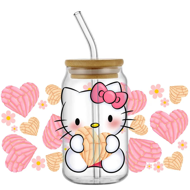 Miniso Cartoon cute cat For Libbey 16oz Can Glass 3D Waterproof UV DTF Coffee Can Wrap Libbey Glass Wrap
