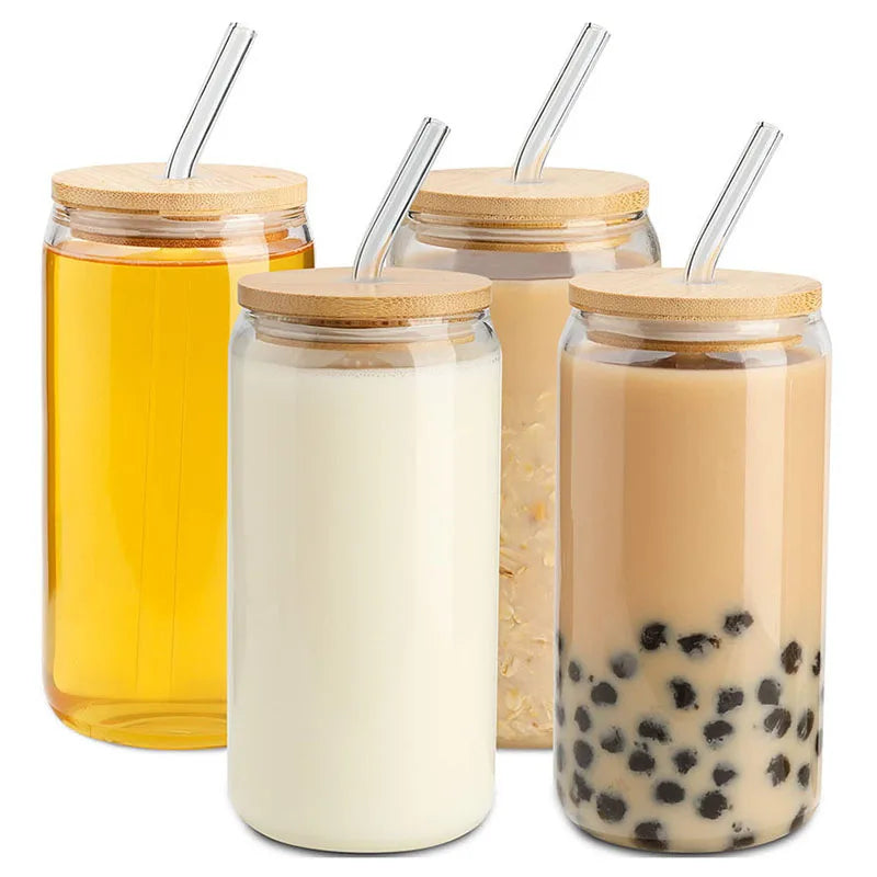 Multifunctional Bamboo Lid Glass, 16oz High Borosilicate Cola Cup, High Temperature Resistant Glass, Milk Tea Cup, Beverage Cup