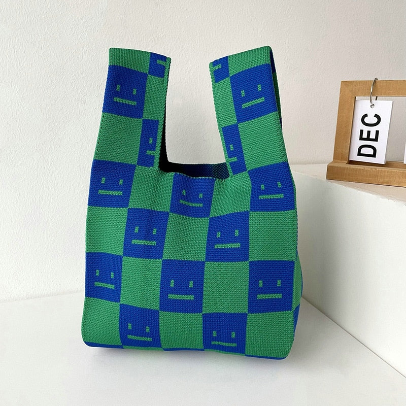 Knit Handbag Women Wrist Bag Korean Casual Wide Stripe Plaid Tote Bag Foldable Eco Shopping Bag Reusable Grocery Storage Bag