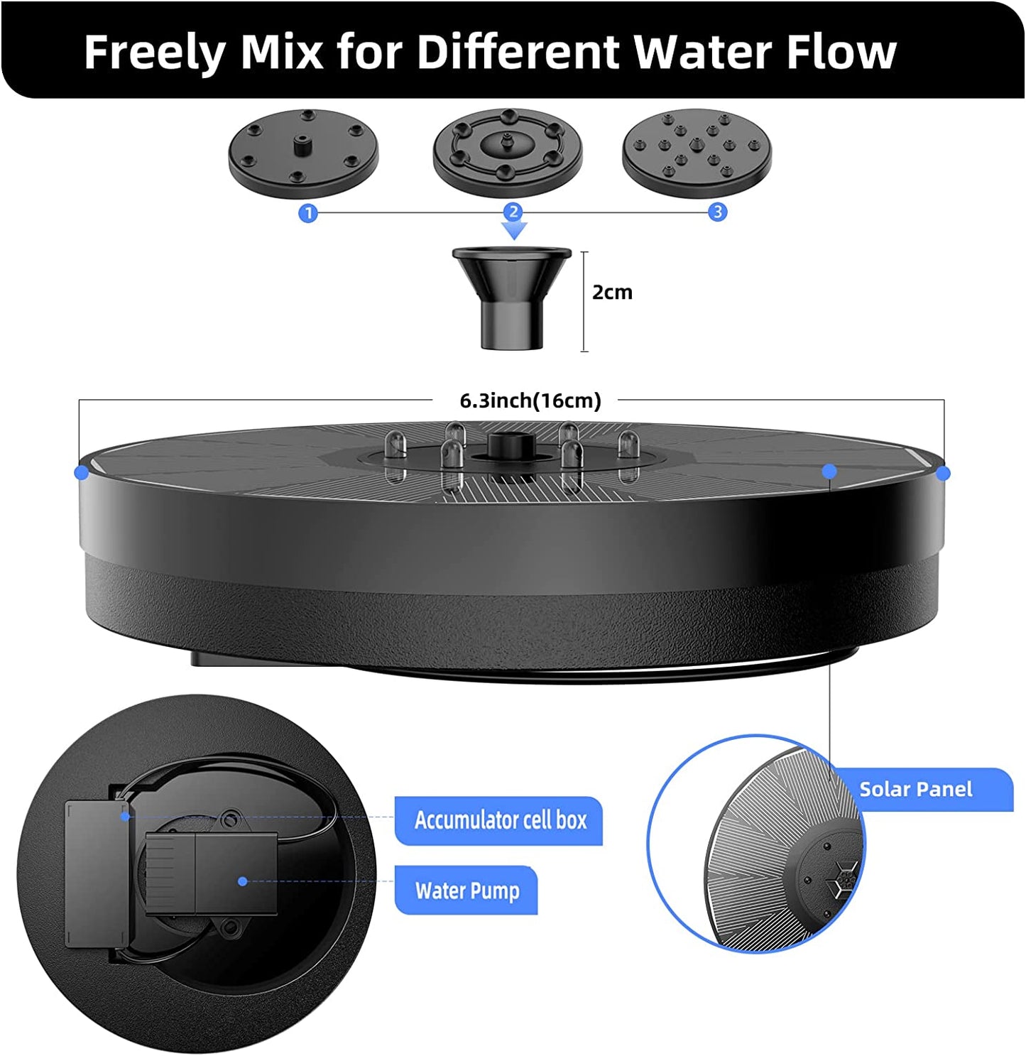 (1 option)Solar Fountain Water Pump with color LED Lights for Bird Bath 3W with 7 Nozzles & 4 Fixers Floating Garden Pond Tank