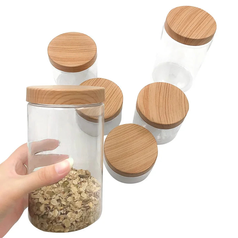 100ml 200ml 300ml 500ml Empty Clear Pet Jars Containers With Imitation Wood Texture Lids Jar Home Plastic Seasoning Bottle