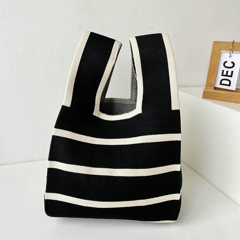 Knit Handbag Women Wrist Bag Korean Casual Wide Stripe Plaid Tote Bag Foldable Eco Shopping Bag Reusable Grocery Storage Bag