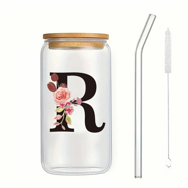 Alphabet Flowers Drinking Glass Letter A-Z Iced Coffee Water Juice Bottle Portable Clear Cup with Lid Straw Brush Birthday Gifts