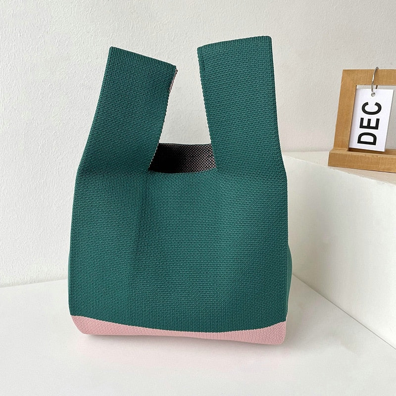 Knit Handbag Women Wrist Bag Korean Casual Wide Stripe Plaid Tote Bag Foldable Eco Shopping Bag Reusable Grocery Storage Bag