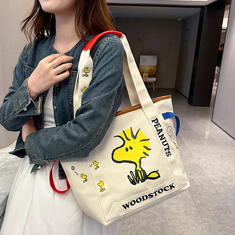 MINISO Disney Cartoon Snoopy Large Capacity Canvas Bag Student Handbag Shoulder Bag Cute Print Tote Bag