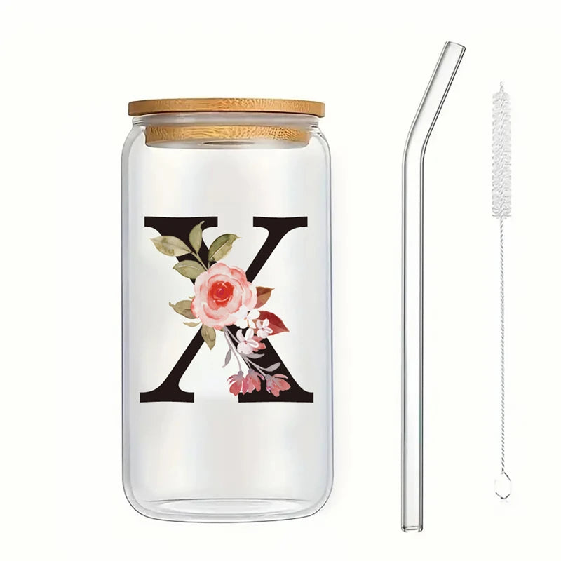 Alphabet Flowers Drinking Glass Letter A-Z Iced Coffee Water Juice Bottle Portable Clear Cup with Lid Straw Brush Birthday Gifts