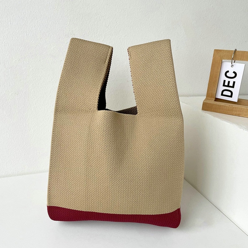 Knit Handbag Women Wrist Bag Korean Casual Wide Stripe Plaid Tote Bag Foldable Eco Shopping Bag Reusable Grocery Storage Bag