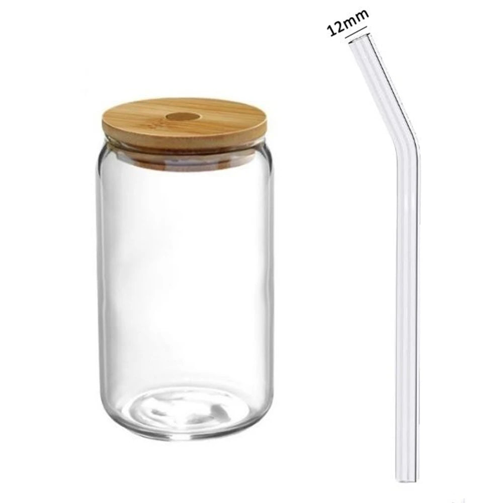 1/4/6pcs Set Glass Cup With Lid and Straw Juice Glass Beer Can Milk Mocha Cup Transparent Bubble Tea Cup High Borosilicate Glass