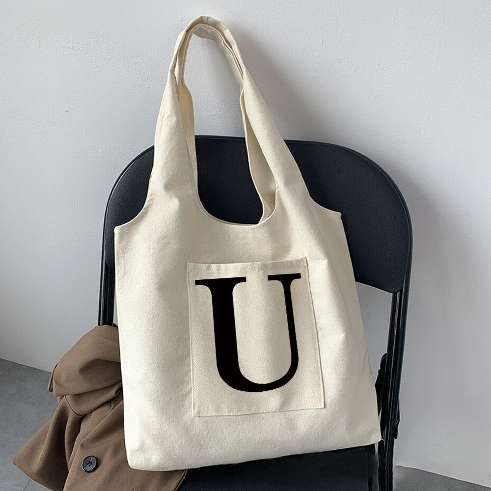 Women Fashion Shopping Bag Street Casual Hobo Commuter Bag Initial Name Graphic Print Beige Ladies Tote Bag Canvas Repeatable