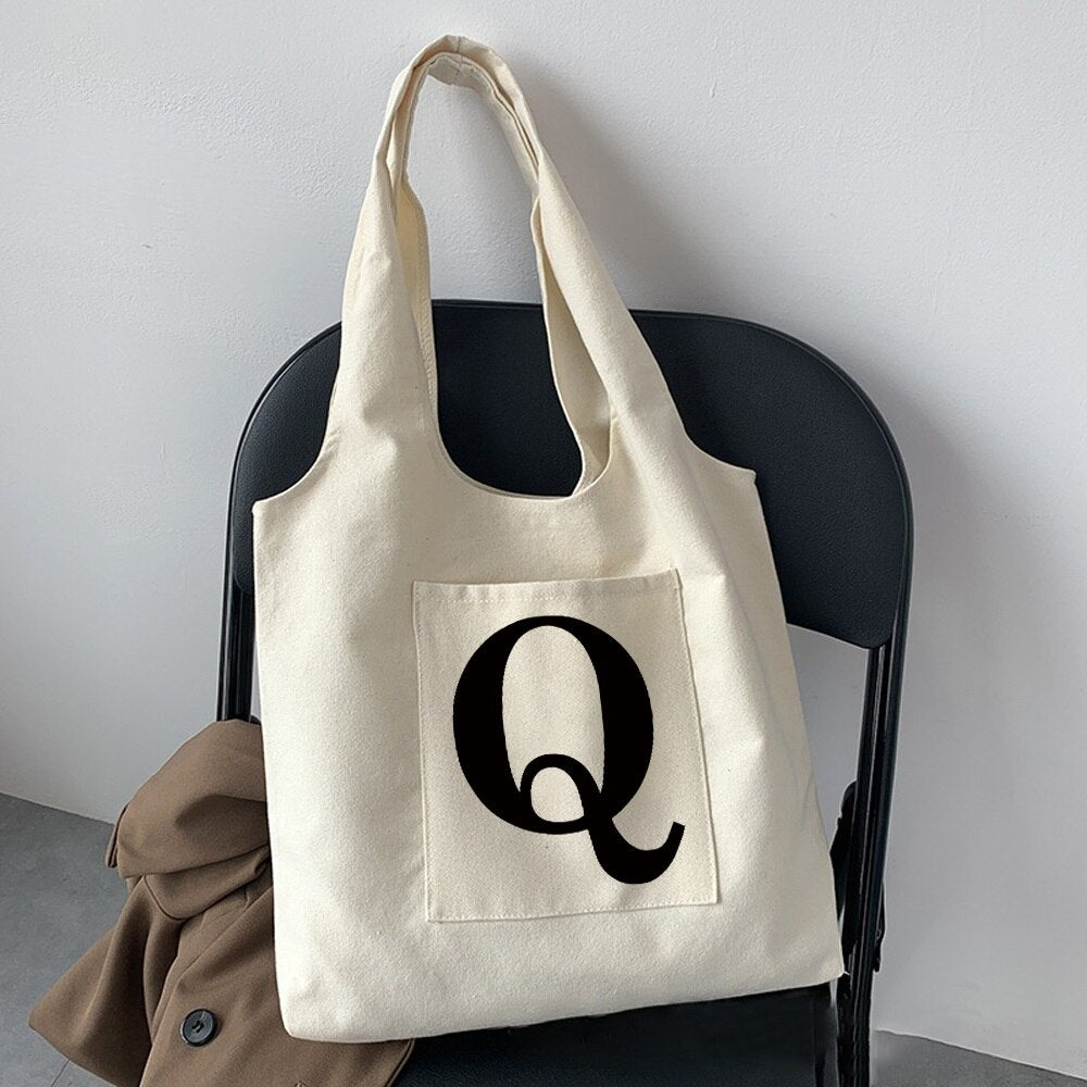 Women Fashion Shopping Bag Street Casual Hobo Commuter Bag Initial Name Graphic Print Beige Ladies Tote Bag Canvas Repeatable