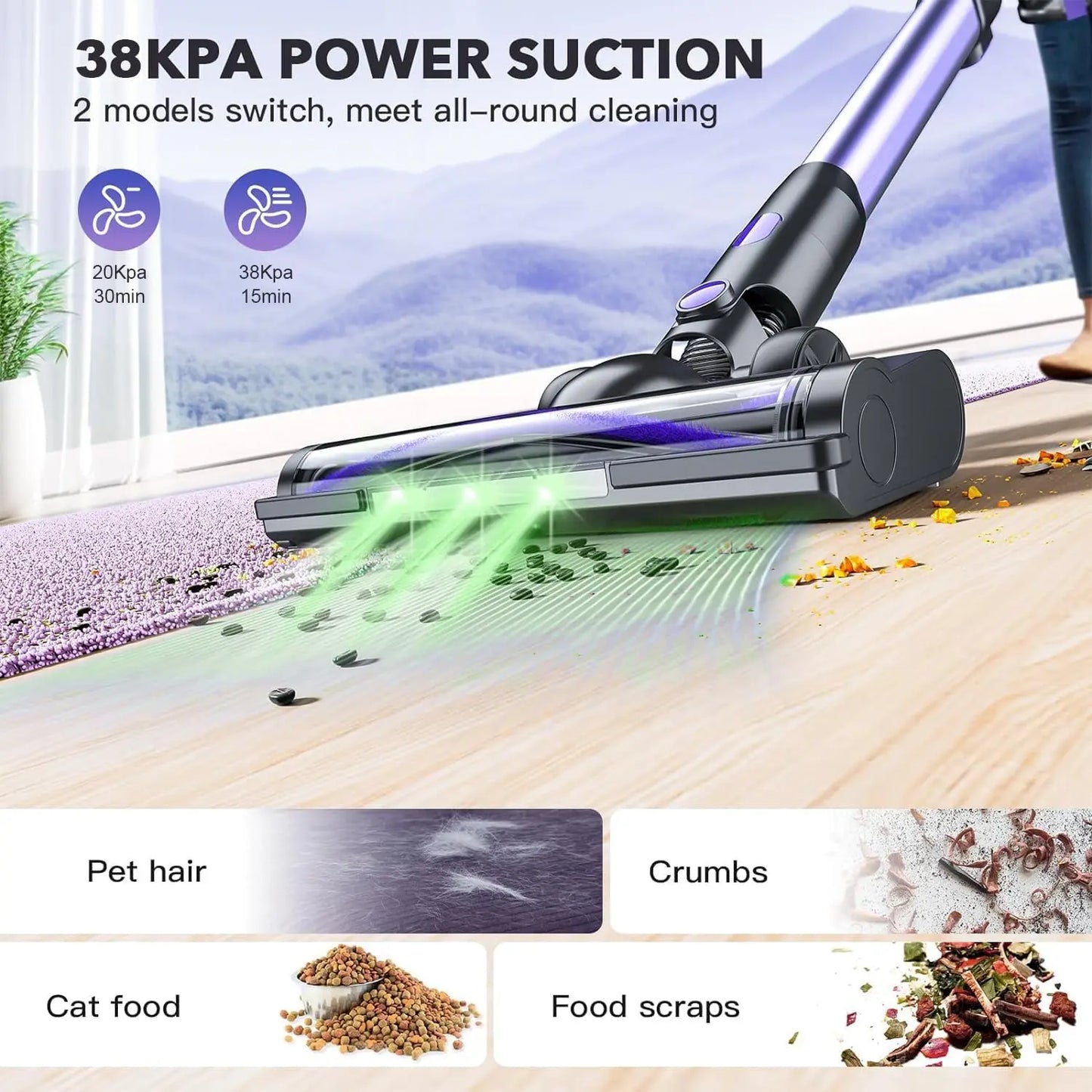 Cordless Vacuum Cleaner, Cordless Stick Vacuum Cleaner 38000PA Powerful Suction, Recahrge Battery, 6 in 1 Lightweight andQuiet