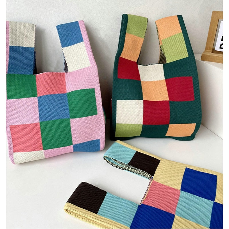 Knit Handbag Women Wrist Bag Korean Casual Wide Stripe Plaid Tote Bag Foldable Eco Shopping Bag Reusable Grocery Storage Bag
